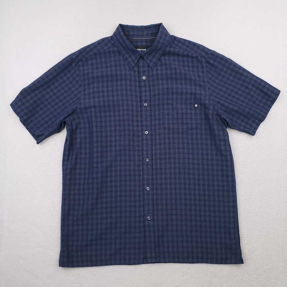 Marmot Shirt Mens Large Blue Plaid Button Up Outdoor Hiking Short Sleeve